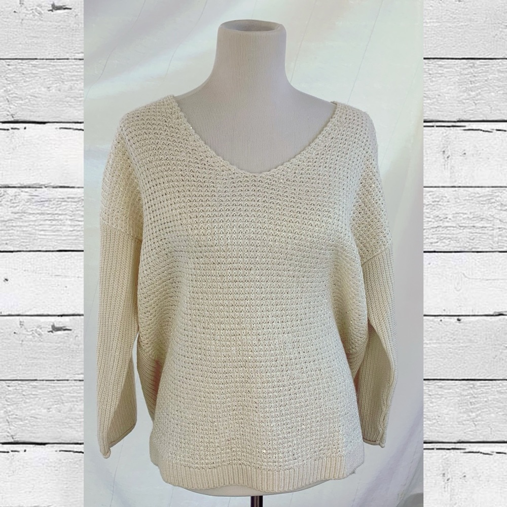 Ellen Tracy Cream tunic knit sweater high low L